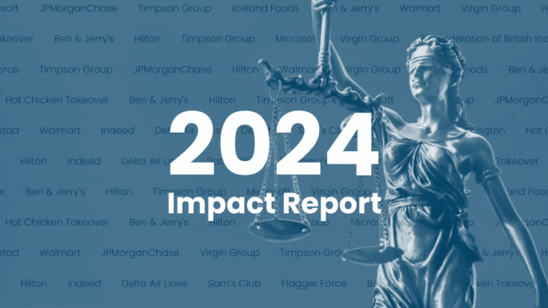 Text: 2024 Impact Report Image: Statue of "Lady Justice" holding the scales of justice. In the background, names of RBIJ's corporate partners scroll past.