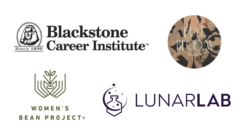 New WJA member logos: Blackstone Career Institute, Full Bloom by Lauren, Women's Bean Project, and LunarLab